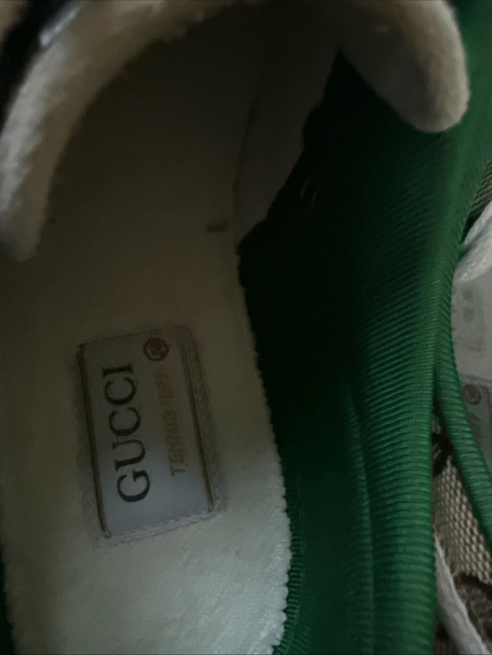 Gucci Brown GG Canvas Sneakers with Green Interior and Red Accent